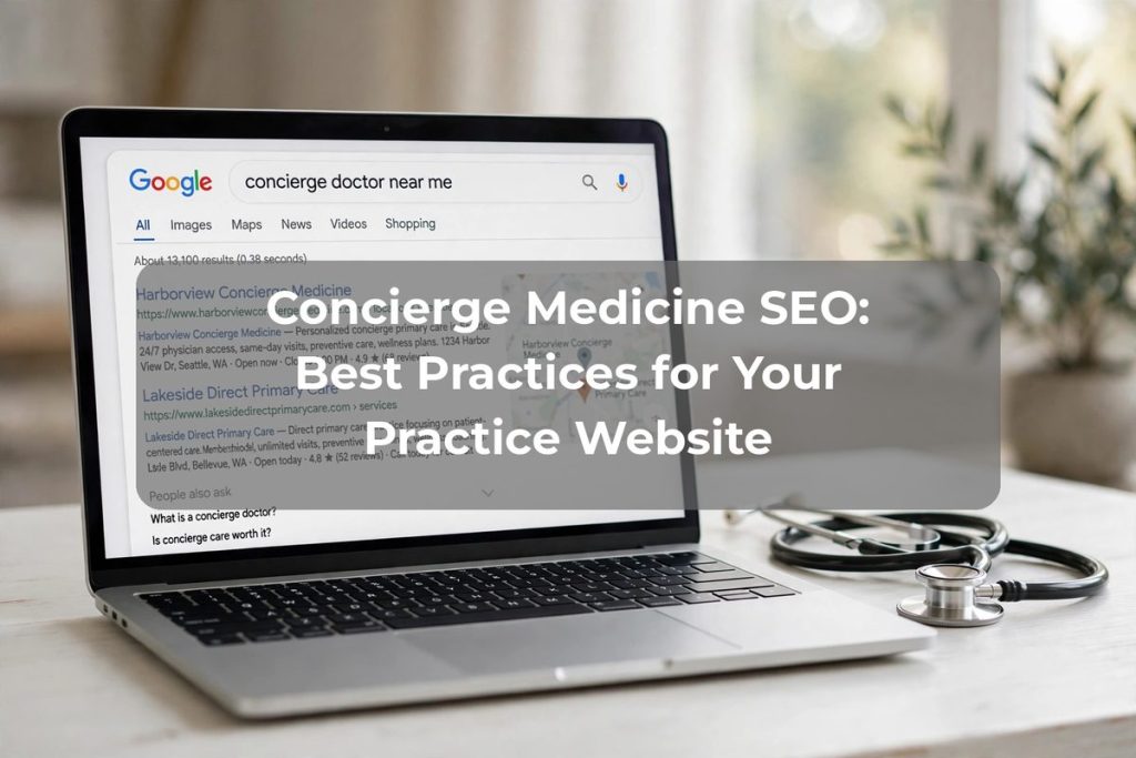 Laptop showing Google search results for concierge doctor near me with a stethoscope beside it