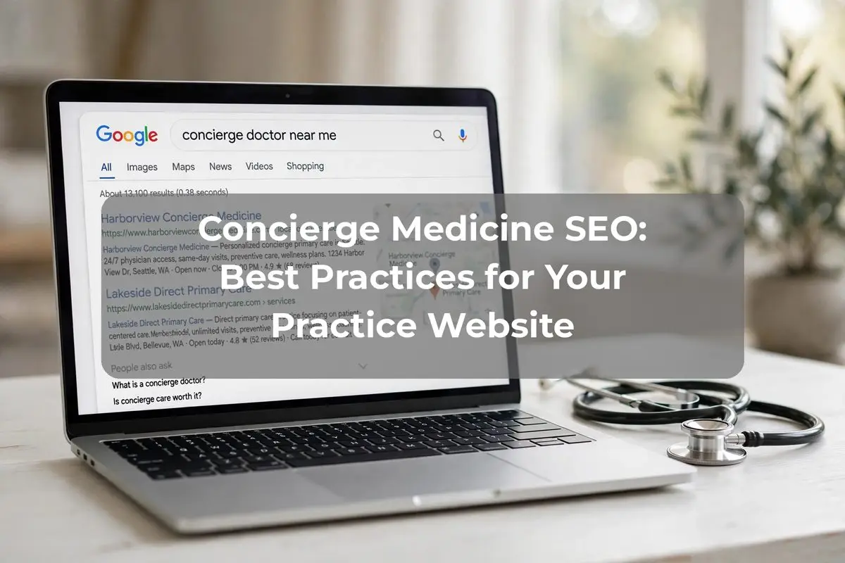 Laptop showing Google search results for concierge doctor near me with a stethoscope beside it