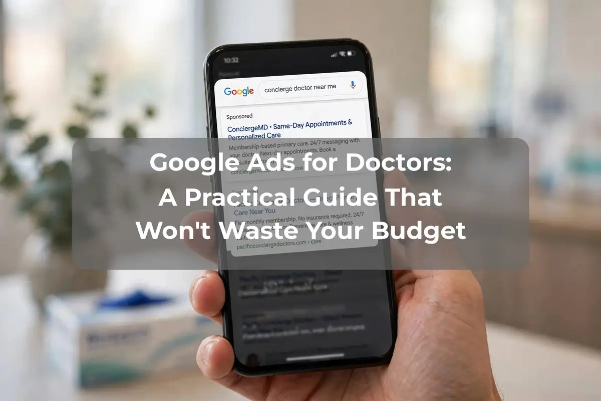 Hand holding a smartphone showing Google search results for concierge doctor near me