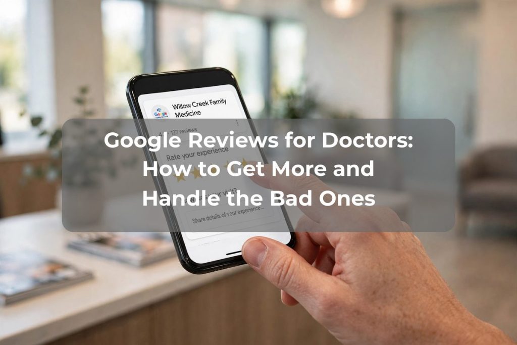Hand holding a smartphone showing a Google review for a family medical practice